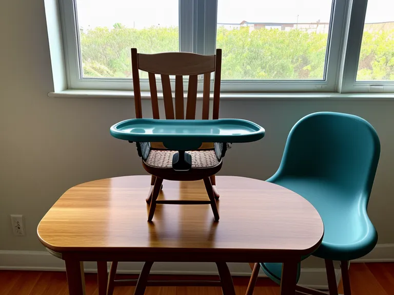 Silla de madera improvisada en un restaurante de Querétaro para un bebé que empieza sólidos, con babero de silicona listo
