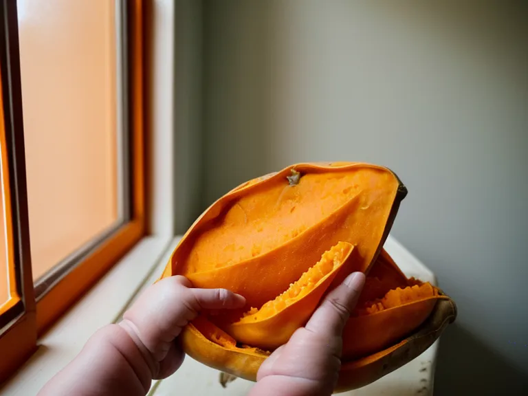 Mano de bebé de seis meses tomando un trozo de camote cocido durante la transición a sólidos