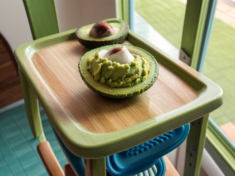 Aguacate machacado en la charola de la silla alta, textura suave para el desayuno de un bebé que empieza sólidos