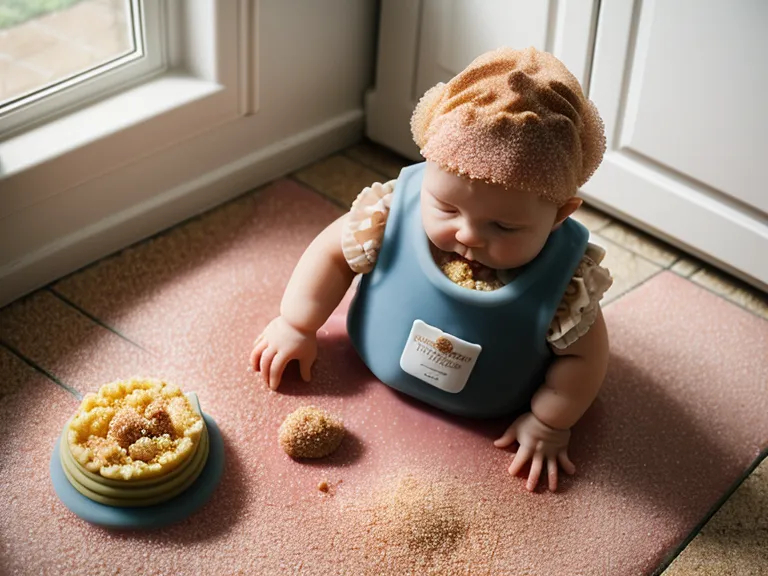 Babero de silicona con comida de bebé caída en el piso de la cocina durante el desayuno