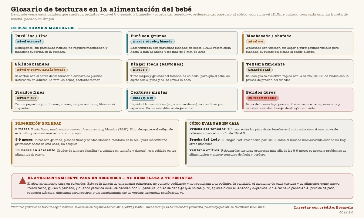 Glosario de nueve texturas en la alimentación del bebé ordenadas del puré liso al sólido, cada una con su nivel IDDSI y sus características, más la progresión por edad (6, 8-9 y 12 meses), cómo evaluar la textura en casa (prueba del tenedor y del dedo) y el aviso de que el atragantamiento pasa en segundos y no reemplaza a la pediatra.